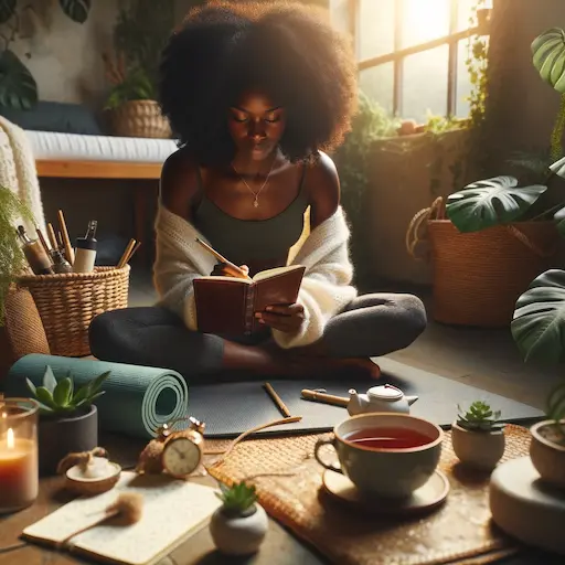 peaceful image focused on self care showing a Black woman surrounded by a collection of self care items such as a journal a cup of calm 2