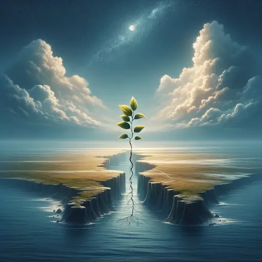 sapling growing in the space between two distant but connected pieces of land. This image represents personal growth that stems from the challenges 1