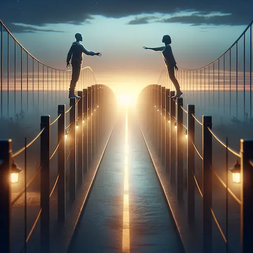 two individuals at opposite ends of a bridge. eaching towards each other