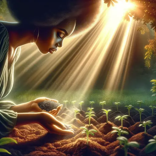 woman as a visual metaphor, showing her planting seeds in fertile soil, under the gentle rays of sunlight. This scene symbolizes the act of manifestation - planting intentions and nurturing them with faith and determined action to align with God's plan. The woman is depicted in a moment of hopeful anticipation, her expression one of focus and serene confidence. She is outdoors, in a lush garden or a field, surrounded by nature's beauty, which emphasizes the concept of growth and potential. The sunlight filtering through the leaves highlights her and the soil, reinforcing the idea of divine guidance and the nurturing power of faith. This image conveys a sense of hope, faith, and the beauty of engaging in a spiritual journey of manifestation, aligning personal goals with a higher purpose.