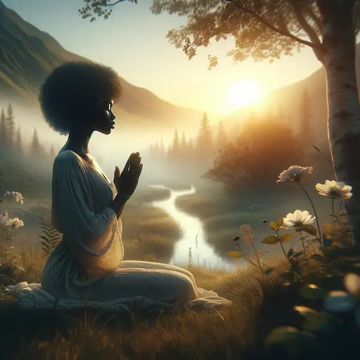 woman in a state of prayer or meditation. She is situated in a quiet, natural outdoor setting