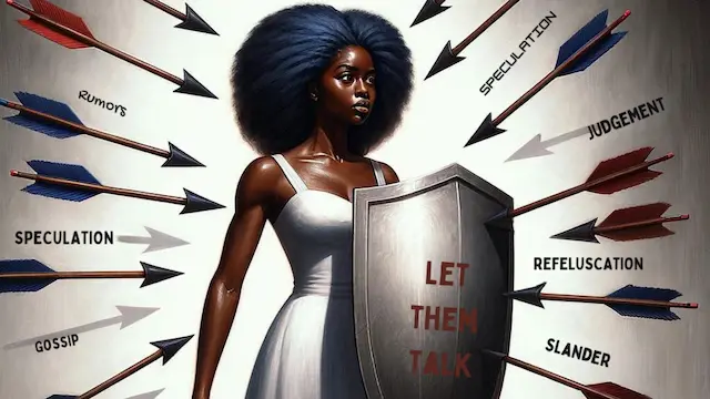 woman standing confidently, holding shield. Motivational let them talk quotes