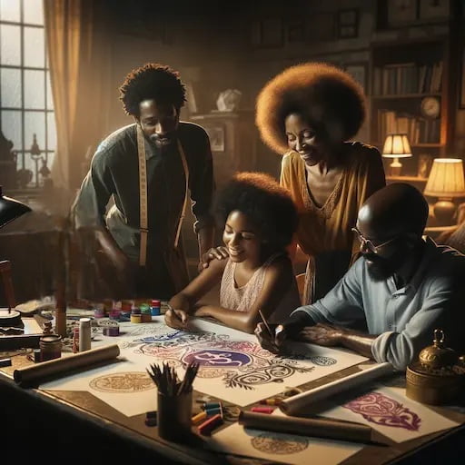 African American family of four in their living room deeply engaged in the creative process of de 1
