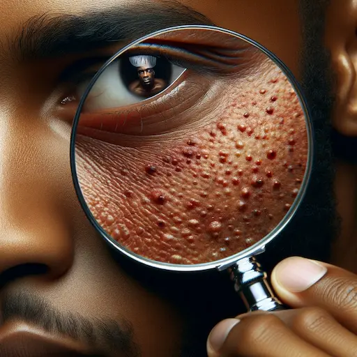 African American persons eyes with one eye reflecting a magnifying glass focusing on the skin. This image symbolizes the intense sc 1