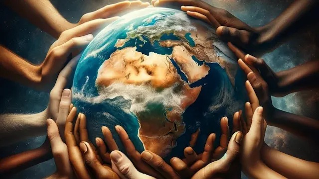 image that vividly captures the essence of unity and diversity with the myriad hands cradling the Earth, with africa side showing, perfectly embodying the interconnectedness of all people in the stewardship of our planet. earth in different languages
