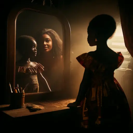 Ghanaian girl around 7 years old standing next to a full length mirror. The reflection in the mirror shows her as a 30 year o 1
