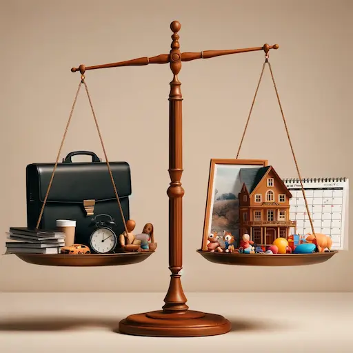 A balanced scale with one side representing work (laptop, calendar, briefcase) and the other family life (a home, family photo, toys)