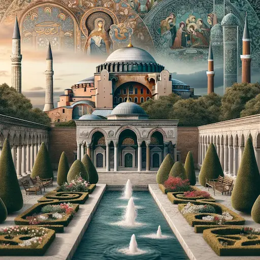 blending iconic scenes from Istanbul and a classic Persian garden. The scene transitions smoothly between the architectural grandeur 1