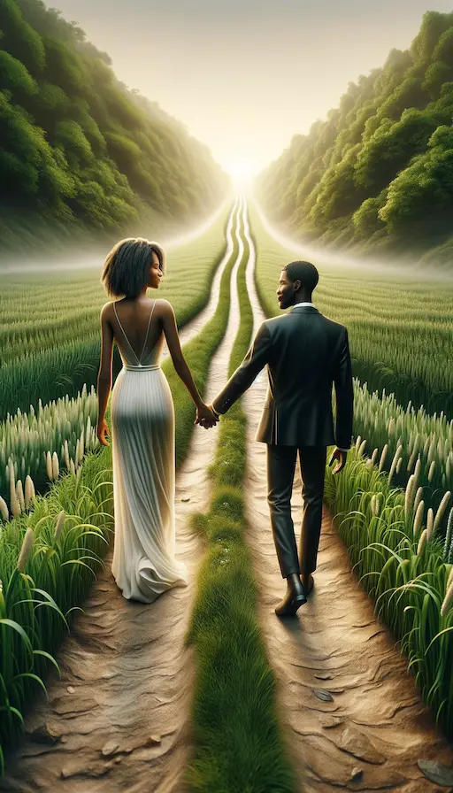 couple holding hands walking on a scenic path that stretches out before them. They are captured in a m 1