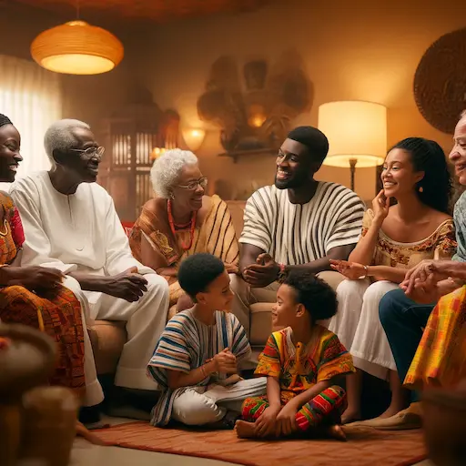 A cozy Ghanaian family gathering where members are engaged in a light-hearted discussion, symbolizing the warmth and happiness within the family. Happiness Practical Activities for Families