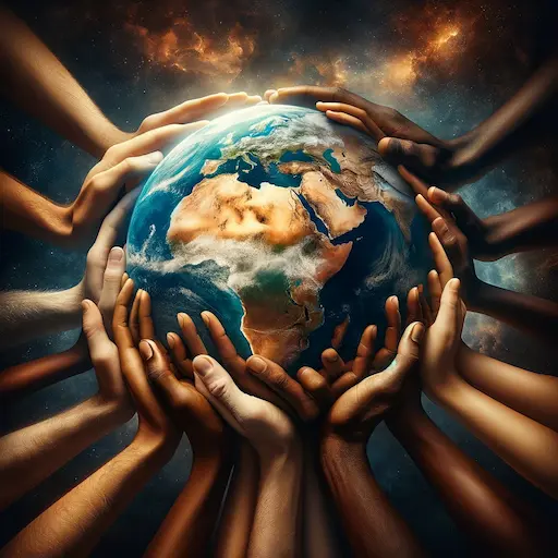 hands of diverse skin tones coming together to cradle the Earth with the continent of Africa prominently visible. The ha 1