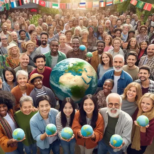 image depicting a diverse group of people from various ethnic backgrounds and races gathered together at an Earth Day event each holdi
