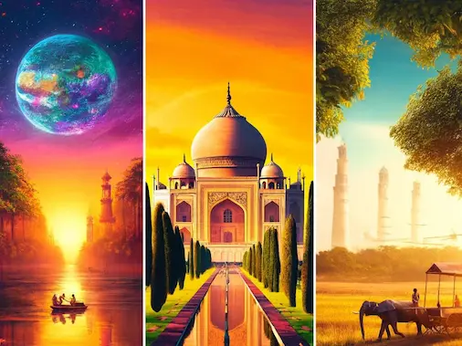 vibrant collage featuring iconic South Asian scenery the Taj Mahal Sundarbans mangrove forests and rural landscapes of Tamil Nadu. Each scene sho
