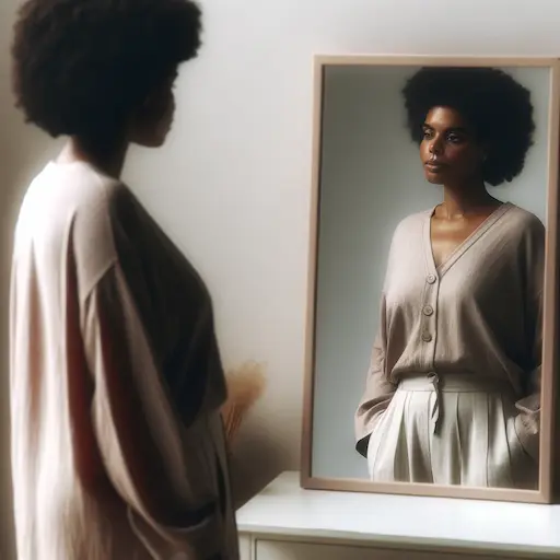 woman with a heavier build standing next to a full length mirror. The scene should be neutral focusing on the woman and the mirro 1
