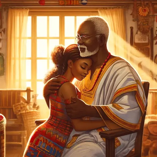 A beautiful illustration capturing a Ghanaian elder father embracing his grown daughter. The setting is warm and nostalgic with sunlight streaming th 1