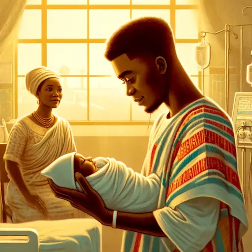 A beautiful illustration capturing a newly Ghanaian father holding his newborn at the hospital with the mother looking at them proudly from the backg 1