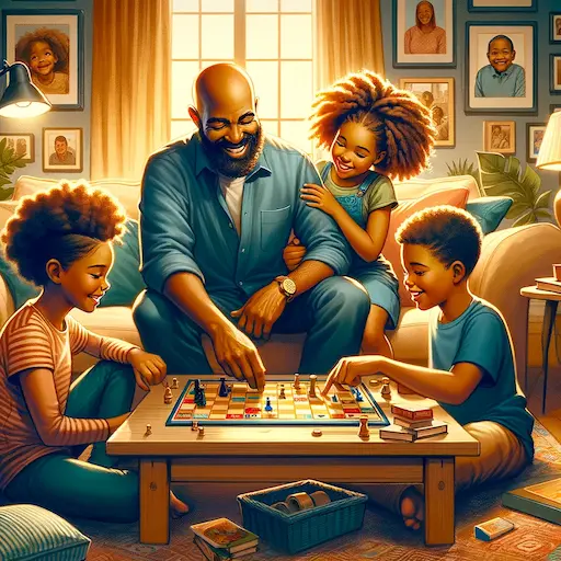 A beautiful illustration capturing an African American father playing board games with his four children in a warm living room setting. The scene shou 1