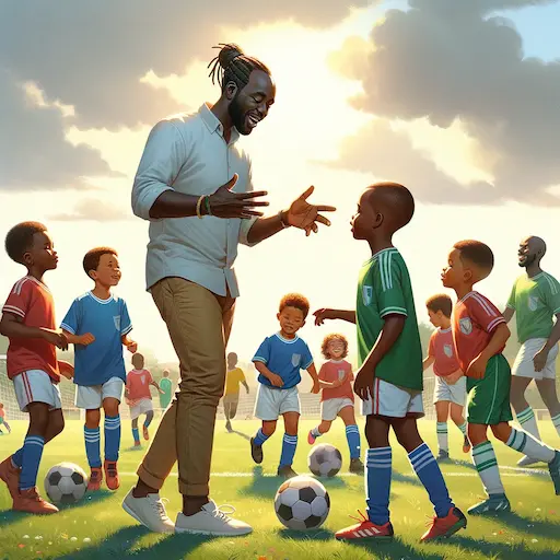 A beautiful illustration capturing an African father coaching a soccer team of kids of different races and ethnicities. The father is actively involve 1
