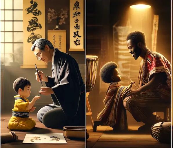 A cinematic illustration comparing father child interactions that highlight unique cultural practices. One scene depicts a Japanese father practicing