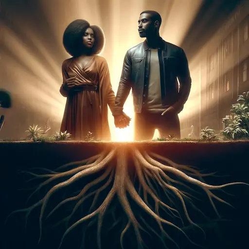 A cinematic image of an African American couple holding hands with supportive imagery like a strong foundation or roots symbolizing resilience. The