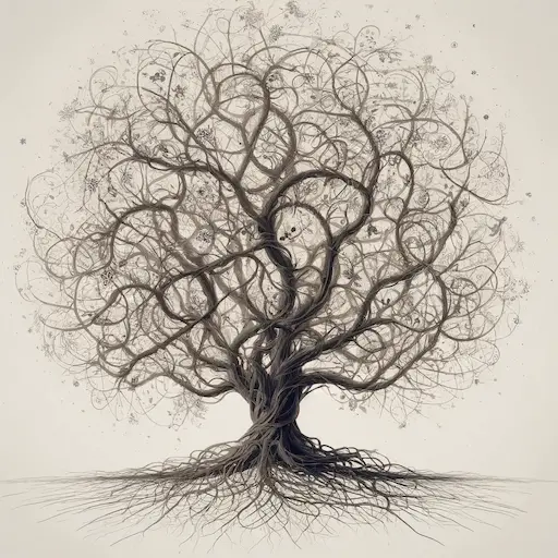 A family tree with complex intertwining branches representing enmeshment. The branches should be tangled and interwoven symbolizing the complicated 1