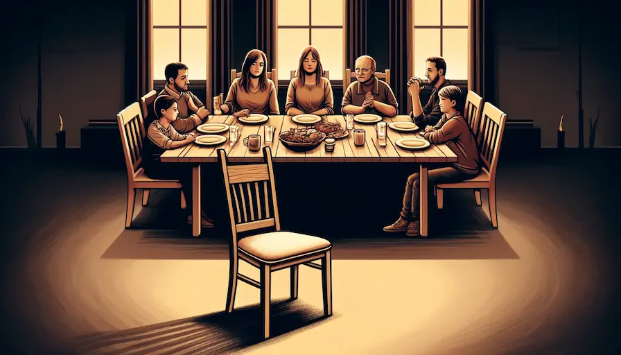 A poignant illustration showing an empty chair at a family dinner with everyone but the father present. The setting should be a warm cozy dining room 1