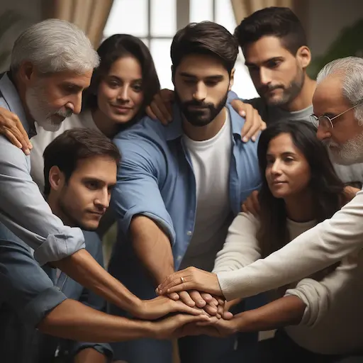 A team huddle with couple and in laws representing teamwork and unity despite challenges. The group should be close together arms around 1