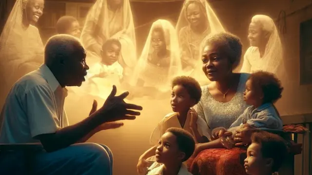 Father telling stories to kids. Past in background. Parents Are Human