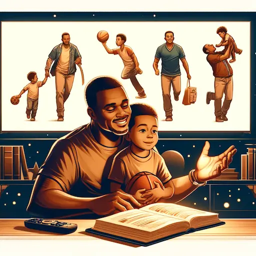 illustration of an African American father and child watching television or reading a book together. Above the screen or book show images of ideal 1