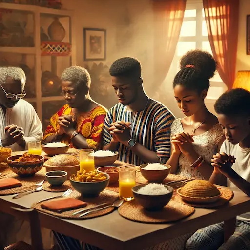 A Ghanaian family praying together at the dinner table, integrating faith into daily life. The family members, including parents and children, are seated together. What does the bible say about leaving a legacy