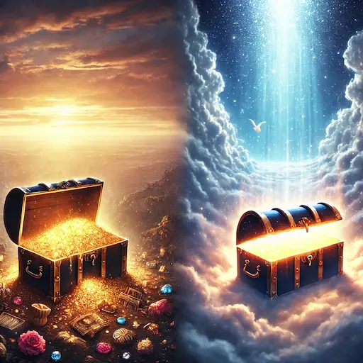 A contrast between a treasure chest on earth and a glowing treasure chest in the sky, emphasizing heavenly treasures. The treasure chest on earth is followed by a treasure chest in heaven. What does the bible say about leaving a legacy