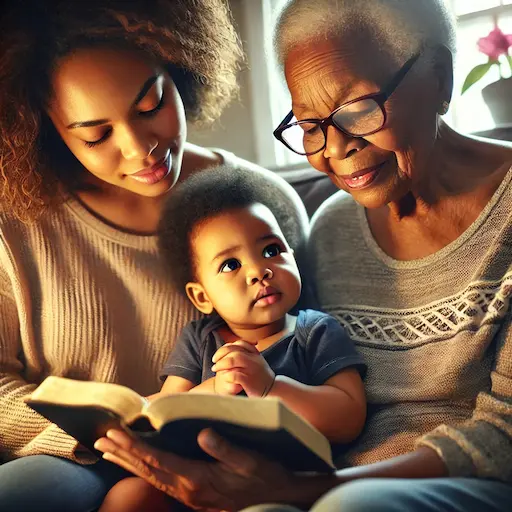 grandmother, mother, and child reading the Bible together, highlighting generational faith. They are seated closely, with the grandchild. What does the bible say about leaving a legacy