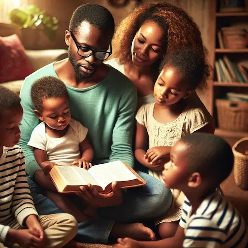 parent reading a Bible story to children, emphasizing the act of teaching. The parent is sitting with the children gathered around. What does the bible say about leaving a legacy