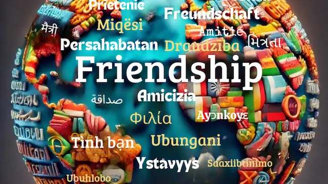 A world map with the word "friendship" written in various languages. Friend and Friendship in Different Languages