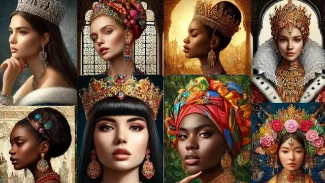 collages depicting different cultural representations of queens. Each image showcases varied attire, crowns, and backgrounds, highlighting the diversity of the concept of queenship across global narratives. Queen in different languages