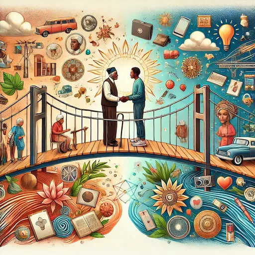 A visual representation of a generational bridge, perhaps showing a symbolic bridge connecting an African american elder and a young person, each with elements representing their era. Wisdom of Elders intergenerational knowledge