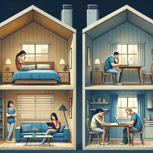 A home with several rooms, each family member isolated in their own space, representing disengagement and lack of family interaction. Dysfunction and Broken Homes Affect Families