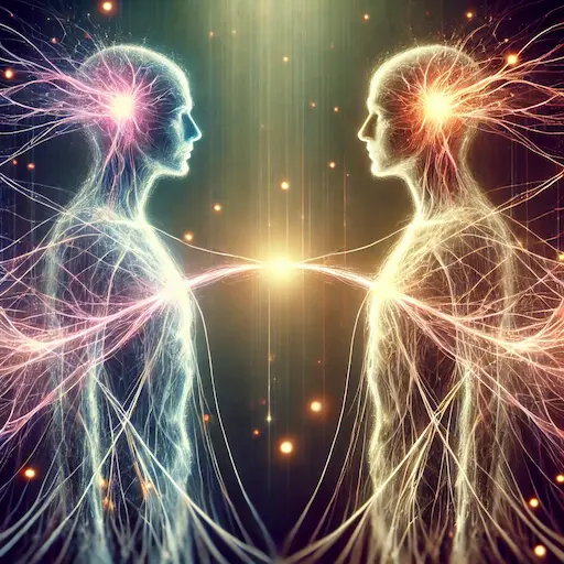 Two figures connected by glowing, ethereal strings or threads representing emotional, mental, or spiritual bonds. The strings could be vibrant, representing the intensity of a soul tie. Soul Tie Or Meant To Be relationship