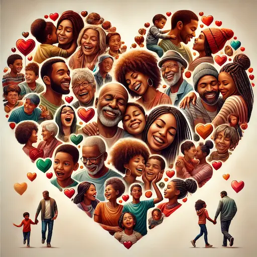 Image of a heart made up of different smaller images representing various forms of love (e.g., family, friendship, romantic). Love in Different Languages