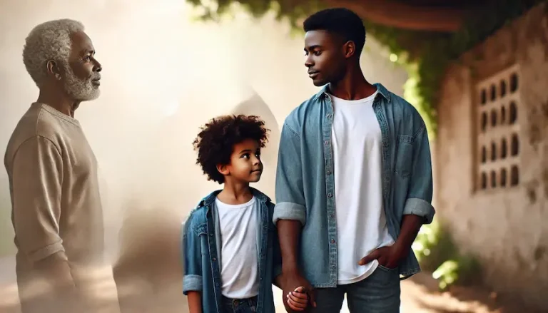 An African American parent and child standing side by side, with subtle reflections or shadows of the parent showing them as their own parent (grandparent) in their youth. This would represent how traits, behaviors, and values are passed down across generations. Becoming like our parents repeating behaviors