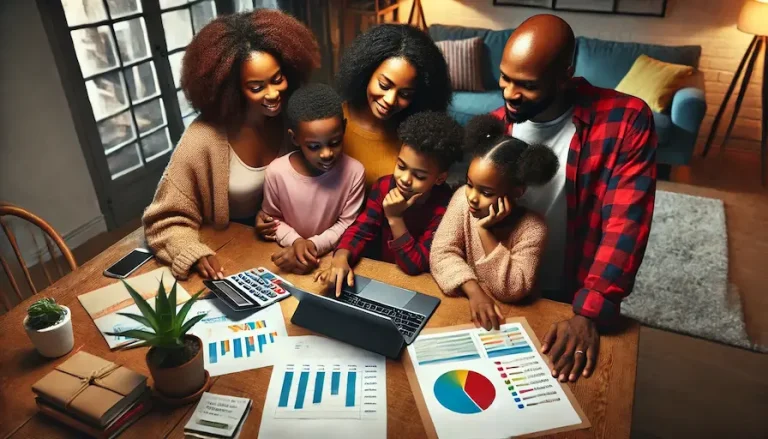 An African american family gathered around a table with a laptop or tablet, looking at a colorful budget spreadsheet. The parents are explaining the budget to the children, with pie charts or expense categories visible on the screen. MONEY SAVING IDEAS FOR FAMILY AND HOME