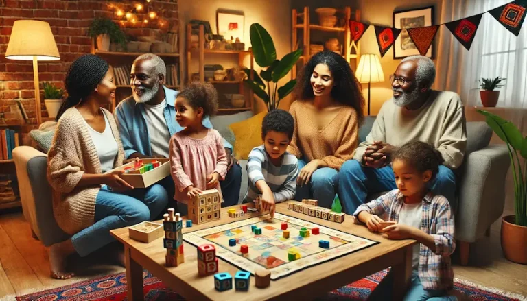 African American family members engaging in playful, language-based activities. Preserving Language Through Play