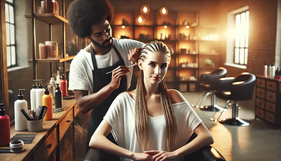 A white woman getting corn rows done by an african american hairdresser. Cultural Appropriation vs. Cultural Appreciation