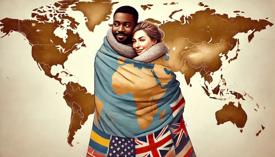 An image of a couple wrapped in a world map, symbolizing their journey together and their embrace of cultural diversity. Cultural Difference Interracial Relationships