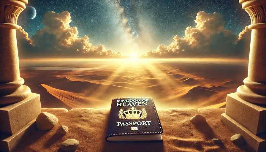 image symbolizing "citizenship in heaven," with an earthly path leading to a heavenly horizon and a passport labeled "Kingdom of Heaven" to represent divine belonging. The warm, inspiring light highlights the journey and sense of heavenly peace. Identity as Citizens of the Kingdom Heaven