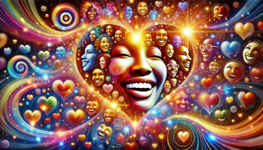 An abstract representation of happiness: a vibrant collage of smiling faces, hearts, and glowing light. Happy Yourself! Steps to Choose Happiness.
