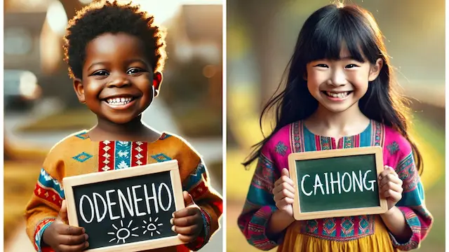 Featured photo, An asian and ghanaian child proudly holding a board with their full name written on it, ideally with a joyful or curious expression.