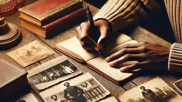 Featured photo. A person writing in a journal while surrounded by old family photographs and documents. Family Story Builder preserve heritage and legacy