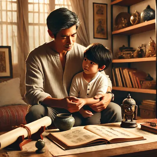 A modern asian parent or grandparent sitting with a child, explaining history through books.