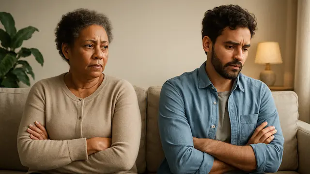 Featured image. Parent and Adult Child Sitting Apart on a Couch Visual cue of distance or unresolved tension, ideal for reflecting emotional disconnect.